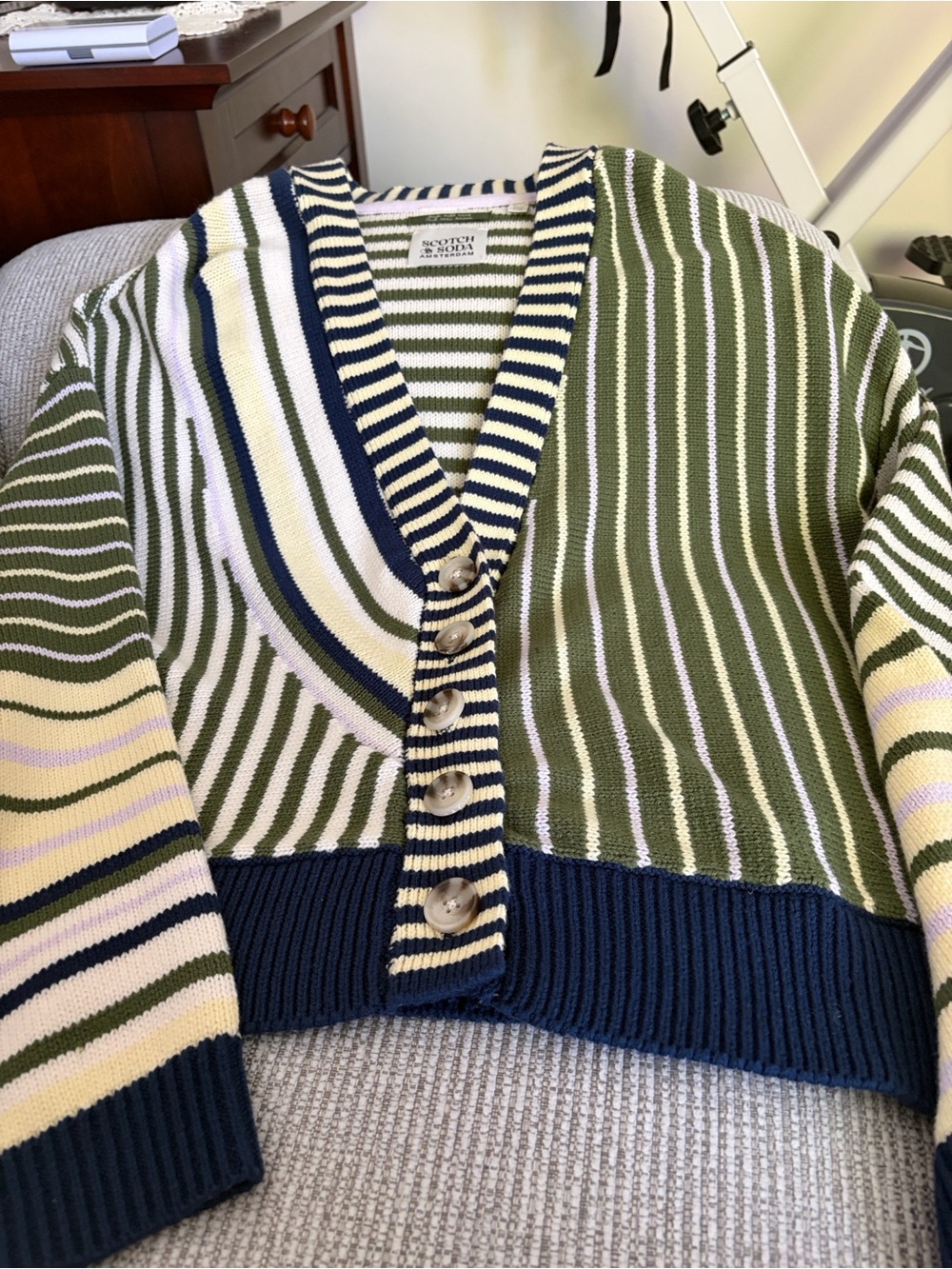 Scotch & Soda Olive, Navy and Cream Striped V-Neck Button Cardigan